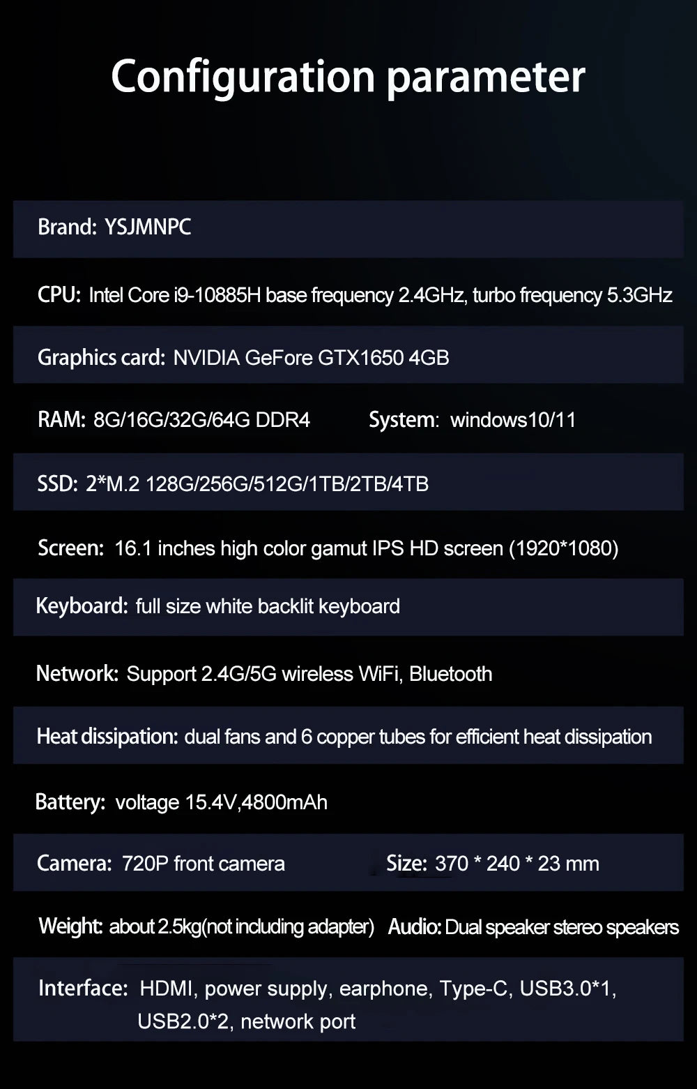 16.1 Inch Gaming Laptop Computer GTX1650 4G Intel Core i9-9880H i7-9750H windows11 RAM Max 64GB DDR4 2*M.2 NVME 2TB SSD Wi-Fi 5