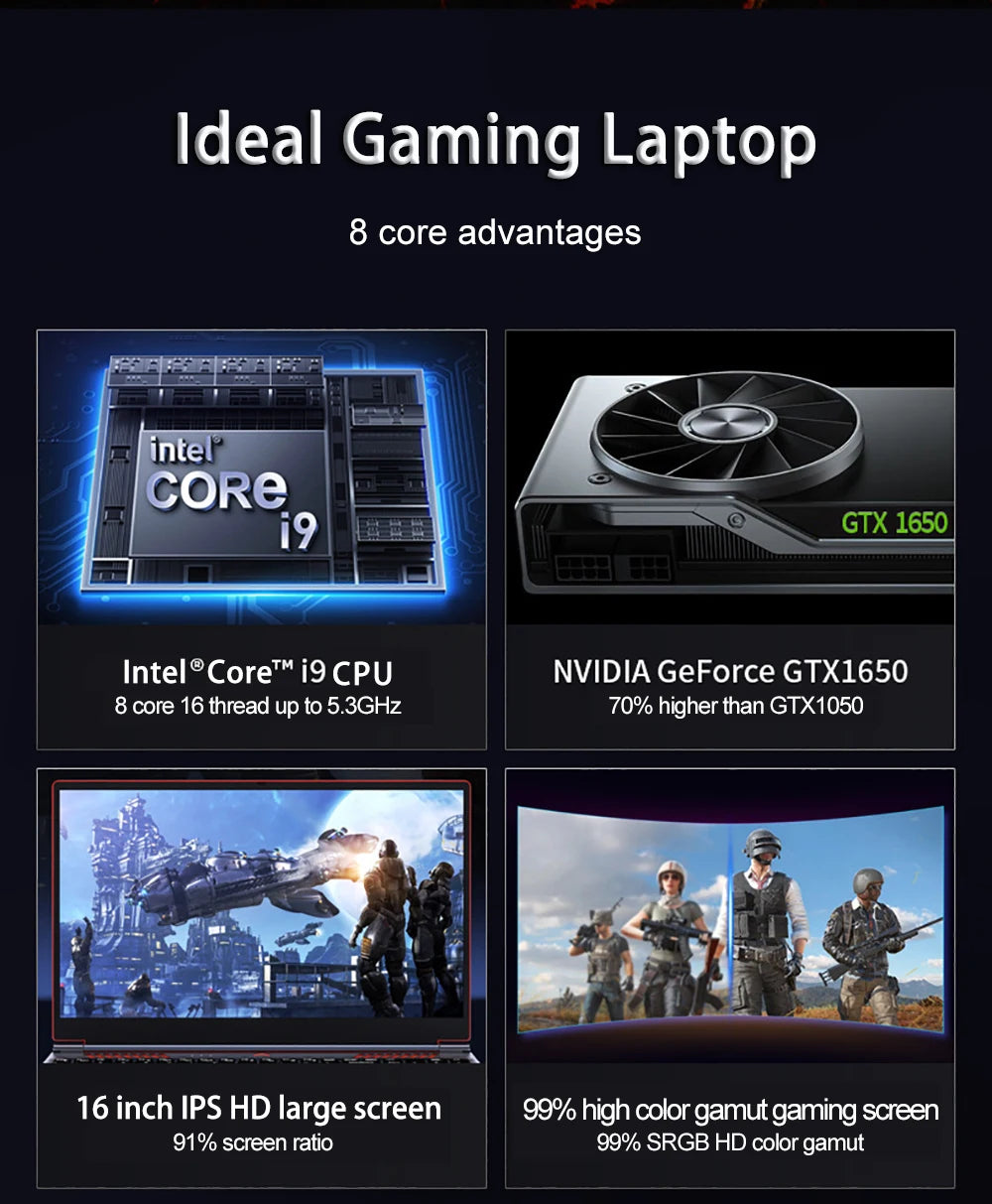 16.1 Inch Gaming Laptop Computer GTX1650 4G Intel Core i9-9880H i7-9750H windows11 RAM Max 64GB DDR4 2*M.2 NVME 2TB SSD Wi-Fi 5